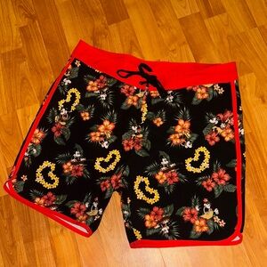 Disney Black Floral Mickey Men's Swim Trunks with Red Trim